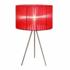 Simple Designs Red Sheer Silk Band Tripod Table Lamp, Brushed Nickel Finish