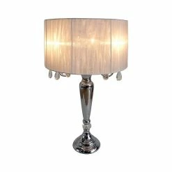 Elegant Designs Trendy Sheer White Shade Table Lamp With Hanging Crystals, Chrome Finish